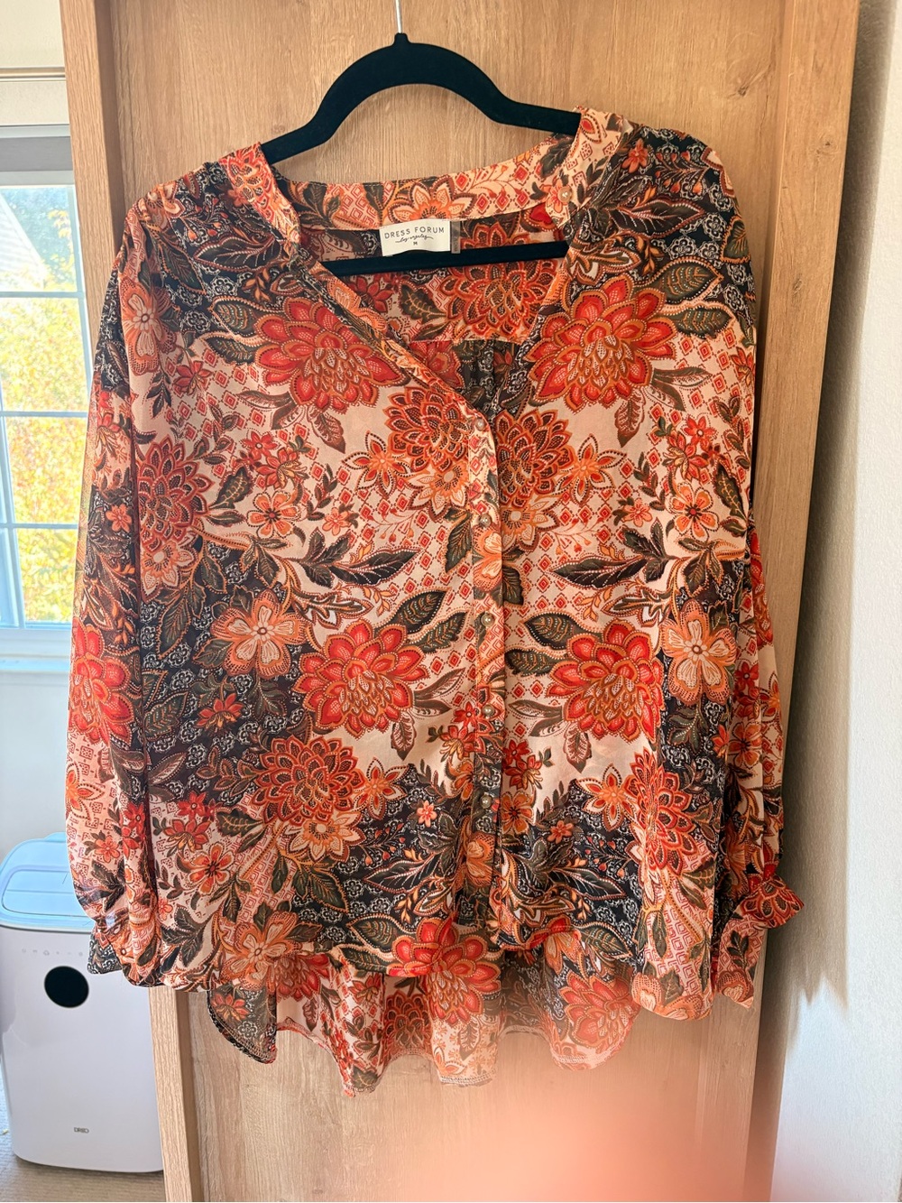 Dress Forum Floral Button-Front Blouse in Coral and Brown Tones